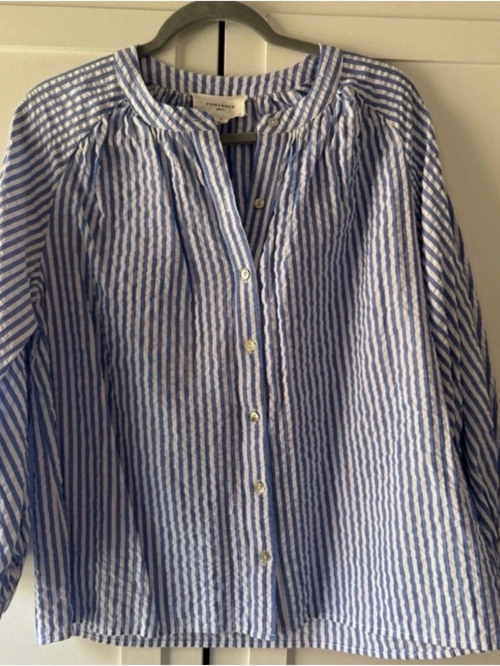 L Pomander Place Blue and White Striped Button-Front Blouse